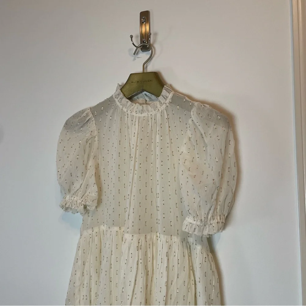 ULLA JOHNSON Dhalia Lurex Tiered Puff Sleeve Metallic Mini Dress \\ 0 - Picture 3 of 10